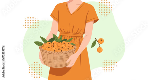 Harvesting Medlars: A Woman Carries A Basket Of Ripe Medlar Fruits In Orange Dress