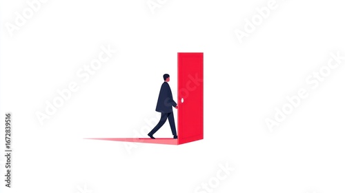 Businessman walking through a red door