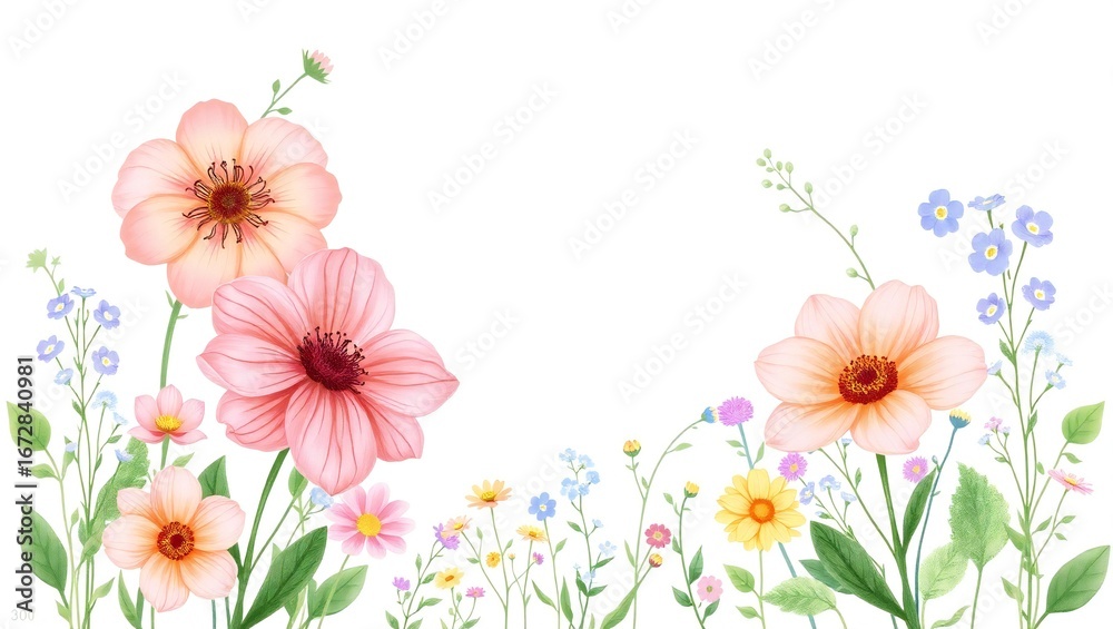 Fototapeta premium Soft watercolor floral border with delicate pink and peach blossoms