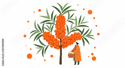 Harvesting Sea Buckthorn Berries: A Simple Illustration of Nature And Gathering