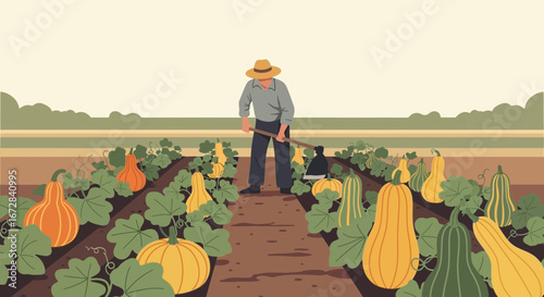 Harvesting Season A Farmer Tending To His Pumpkin Patch With A Hoe