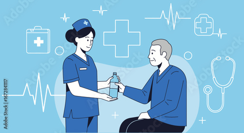 Healthcare Provider Giving Patient Water Bottle with Medical Icons on Light Blue Background
