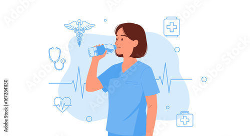 Healthcare Worker Hydrating With Water Bottle Representing Medical Profession Well-being