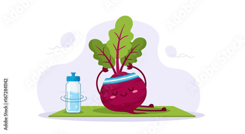 Healthy Beetroot Engaged In Yoga Practice With Water Bottle During Exercise