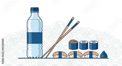 Japanese Meal Illustration Featuring Sushi, Water Bottle, Chopsticks, Artistic Ocean Background.