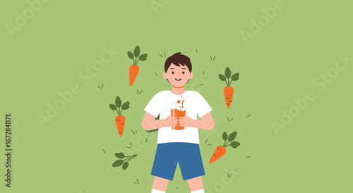 Healthy Boy Drinks Carrot Juice Celebrating a Natural Diet with Fresh Produce