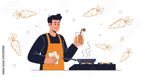 Healthy Chef Prepares Fresh Carrot Drink And Cooks Breakfast With Optimistic Vibe
