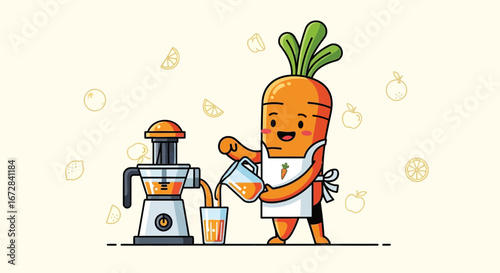 Healthy Carrot Juicer Character Making Fresh Juice Beverage Perfectly Delicious