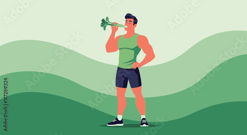Healthy Eating Habits Depicted With An Athletic Male Consuming Celery Outdoors