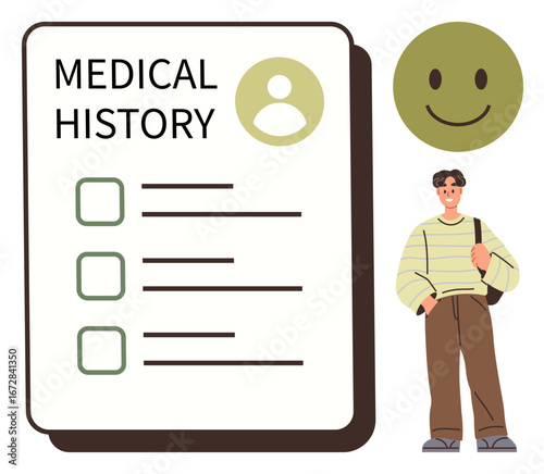 Medical history checklist with checkboxes, person icon, and smiling character. Ideal for healthcare, wellness, personal care, patient forms, record management, reminders simple flat metaphor