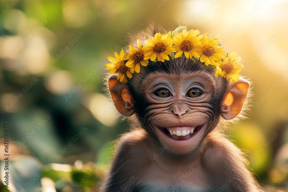 Fototapeta premium Summer happiness. Cute baby animal baboon wearing savage flower wreath on its head. Golden hour in sunset. Peaceful wild animal in nature. Summer joy in the animal kingdom.