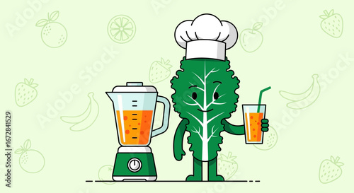 Healthy Leaf Chef Preparing Fresh Juice With Blender And Fruity Illustrations