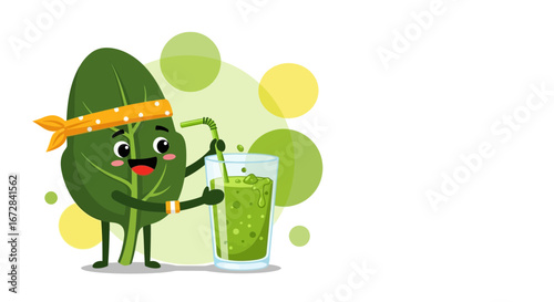 Healthy Leafy Green Smoothie Cartoon Character Offering Fresh Beverage Illustration