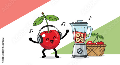 Joyful Animated Cherry Character Listening Music Near Blender Preparing Healthy Smoothie
