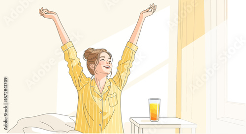 Joyful Awakening: Woman Embracing the Morning with Sunshine and a refreshing Drink