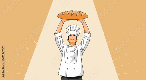 Joyful Baker Displays Freshly Baked Loaf Of Bread Under Bright Spotlight Celebration