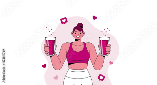Healthy Lifestyle Illustration, Woman Holding Smoothie, For Health And Wellness Content