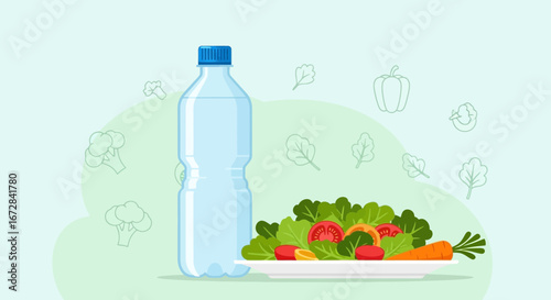 Healthy Lifestyle: Fresh Salad and Water, Promoting Well-being, Nutrition, Dieting, and Fitness