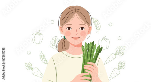 Healthy Lifestyle Illustration: Woman Smiling Holding Fresh Asparagus Surrounded by Vegetables