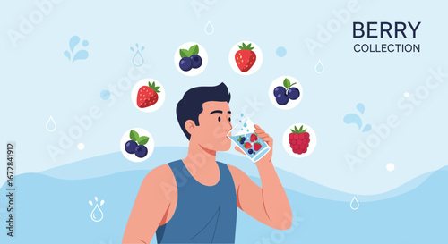 Healthy Man Drinking Berry Infused Water with Fresh Fruit Collection Illustration