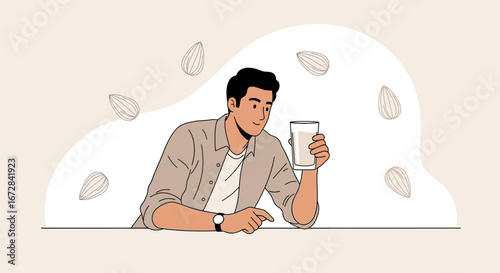 Healthy Man Enjoying Almond Milk in a Glass, Drinking a Delicious Plant-Based Beverage