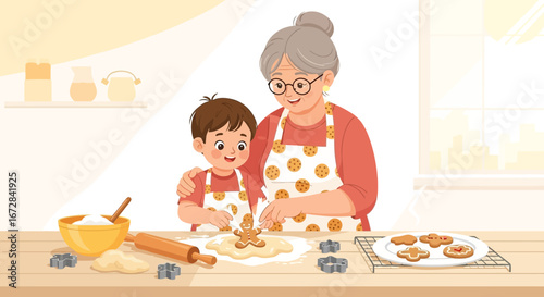 Joyful Baking Moment: Grandma and Grandson Crafting Delicious Cookies Together