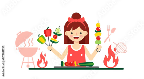 Joyful Barbecue Preparation: A Woman's Delightful Grill Experience and Culinary Celebration