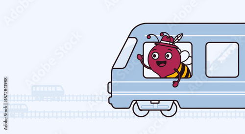 Joyful Bee Passenger Riding A Train, Traveling And Waving With A Happy Expression