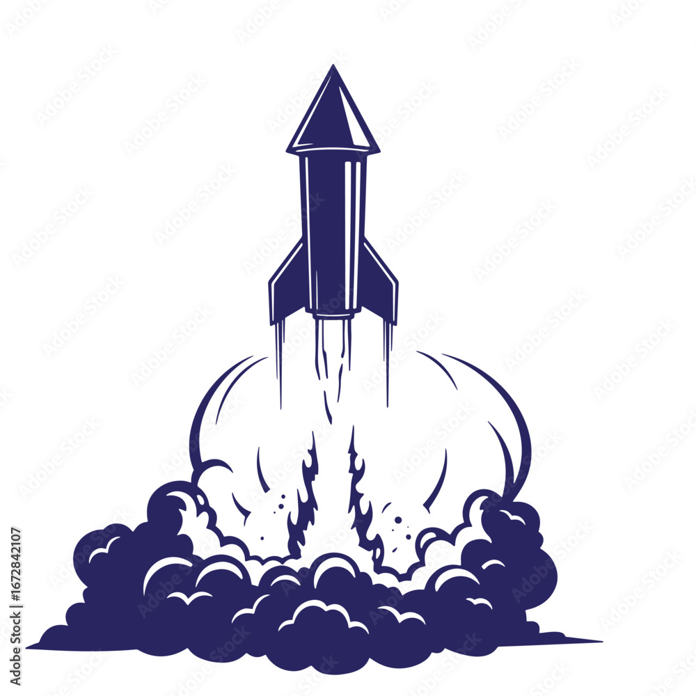 Fototapeta premium Illustration of a rocket ship launching into space with a stylized retro design