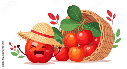 Joyful Berry Character Announces Abundance With Basket Of Freshly Harvested Red Cherries
