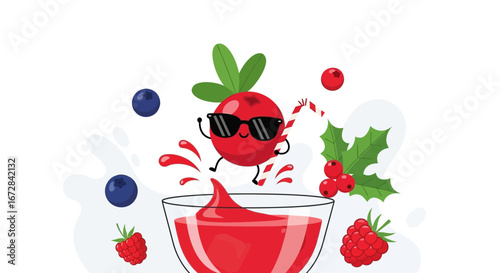 Joyful Berry Character with Sunglasses Jumping into a Glass with Vibrant Potion