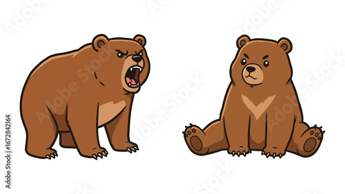 Aggressive Roaring and Calm Sitting Black Bear Mascot Illustrations - Cute Vector