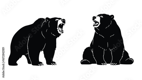 Aggressive Roaring and Calm Sitting Black Bear Mascot Illustrations for Wildlife and Sports Themes