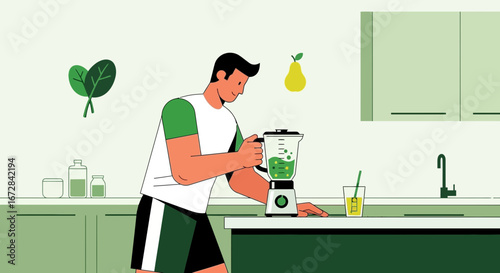 Healthy Smoothie Preparation: A Man Blending Nutritious Ingredients In Modern Kitchen Space