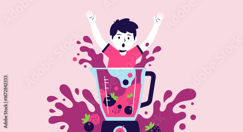 Joyful Boy Emerging From a Smoothie Blender Featuring Berry Deliciousness