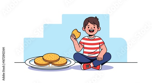 Joyful Boy Enjoying a Biscuit with a Plate Full of Biscuits in a Playful And Cartoonish Illustration