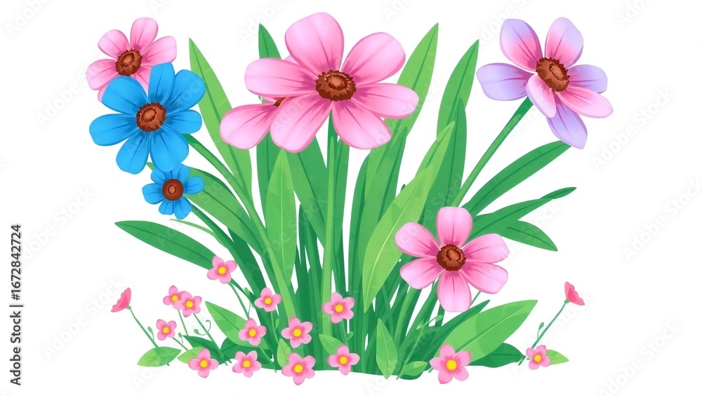 Fototapeta premium Watercolor painting of a vibrant bouquet of pink and blue flowers with green leaves