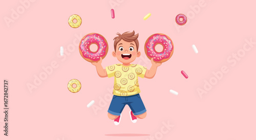 Joyful Boy Holding Two Donuts, Dancing And Having Fun With Delicious Sweets