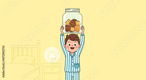 Joyful Boy in Pajamas Holding a Jar Full of Delicious Tempting Cookies Above