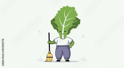 Healthy Vegetable Character with a Broom Ready to Clean in a Simple Style