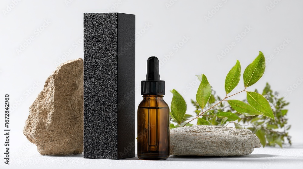 Naklejka premium Luxury Amber Serum Bottle with Stones and Leaves