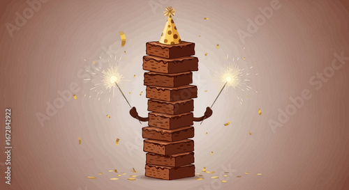 Joyful Brownie Tower Celebration Animated Using Sparklers With Decorative Party Hat