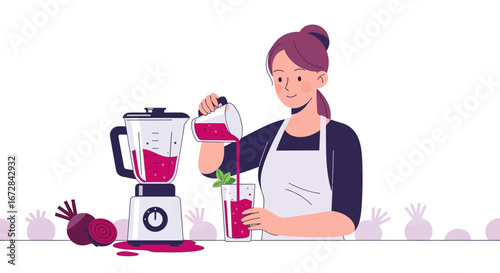 Healthy Woman Filling Glass With Freshly Blended Red Juice After Making It