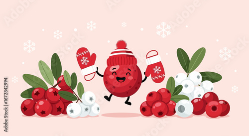 Joyful Cartoon Cranberry Character with Mittens and Berries, Celebrating Winter Cheerfulness