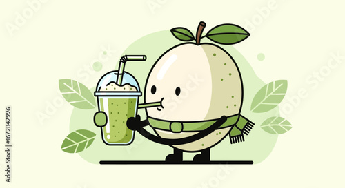 Joyful Cartoon Fruit Delights In A Refreshing Green Smoothie Enjoyment