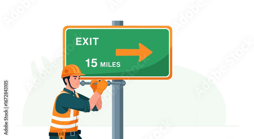 Highway Maintenance Worker Installing Road Sign Indicating The Upcoming Exit in Fifteen Miles