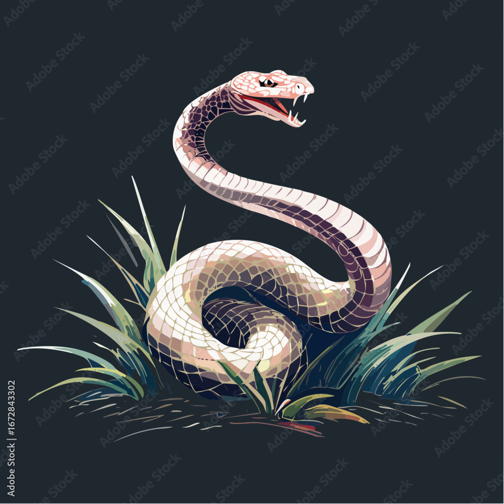 Fototapeta premium Vector Illustration of Coiled Snake in the Grass in Attack Mode 9