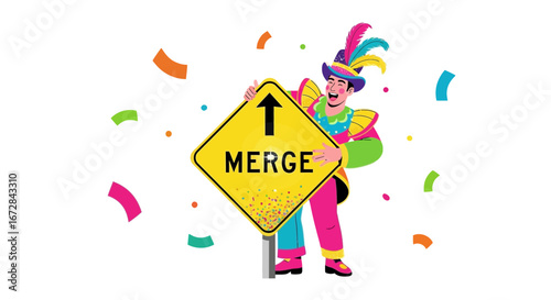 Joyful Character Holding Merge Sign With Directional Arrow In Colorful And Festive Illustration