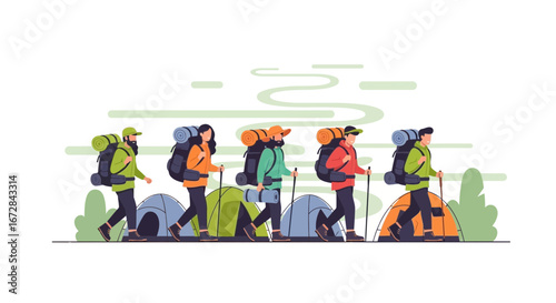 Hikers Embarking on Mountainous Adventures Near Colorful Tent Structures Under Neutral Green Skies