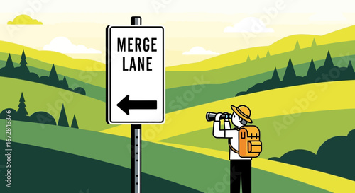 Hiking Through Scenic Landscapes: Observing The Signpost Toward Merging Lanes Ahead